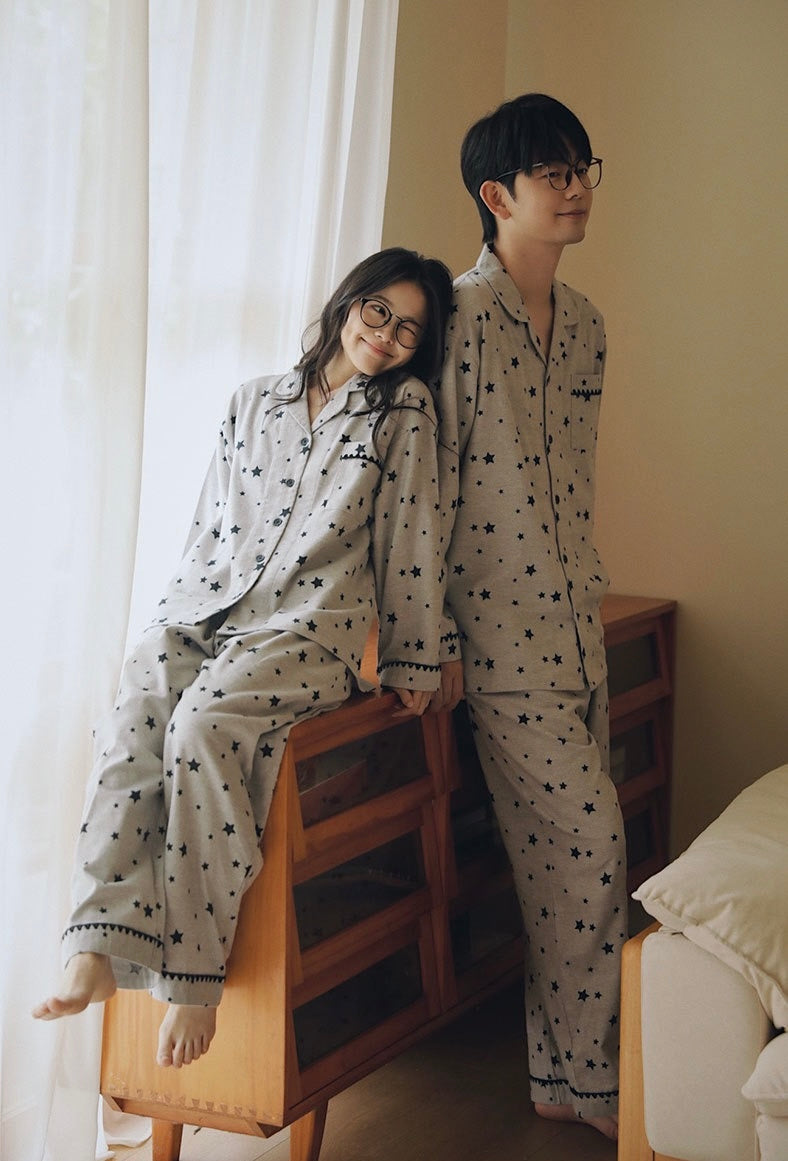 Pink Gray Star Brushed Cotton Pajama Set for Couples - view 6