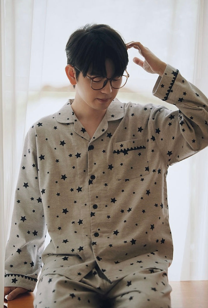 Pink Gray Star Brushed Cotton Pajama Set for Couples - view 9