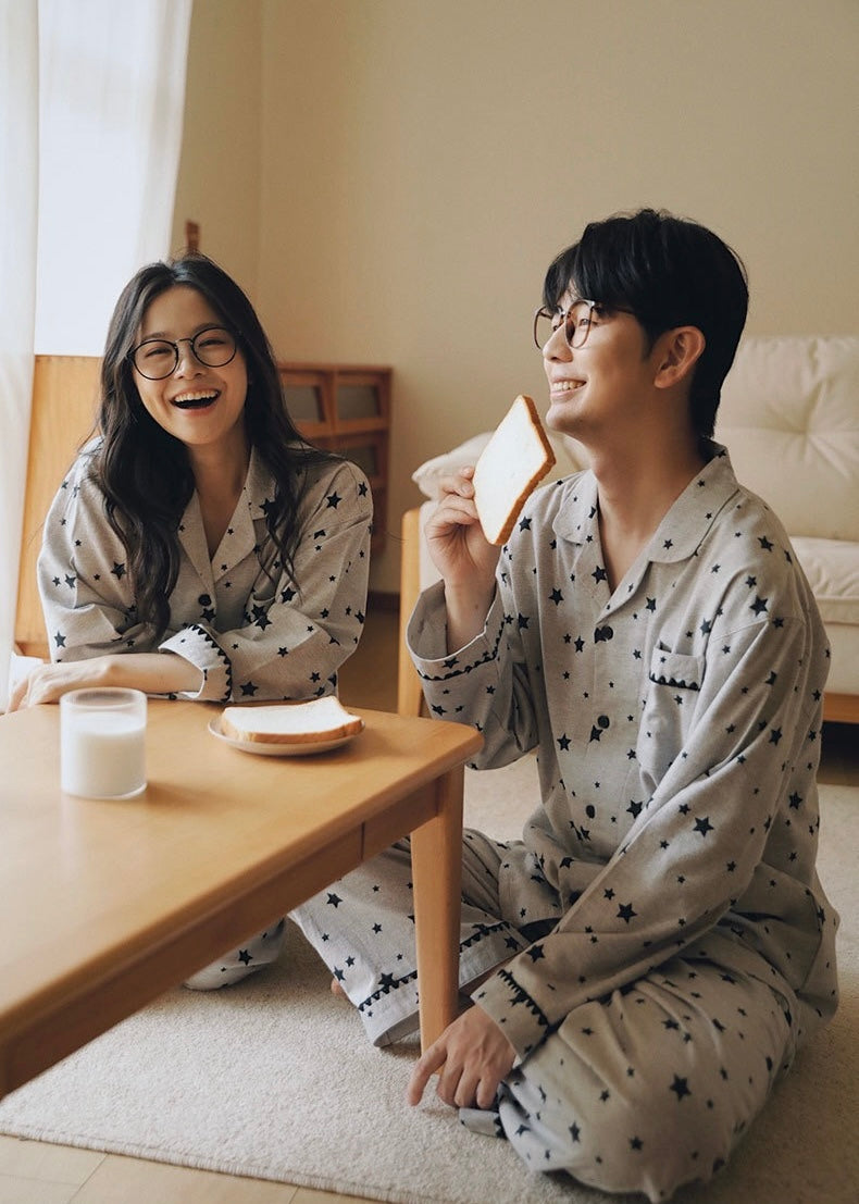 Pink Gray Star Brushed Cotton Pajama Set for Couples - view 3