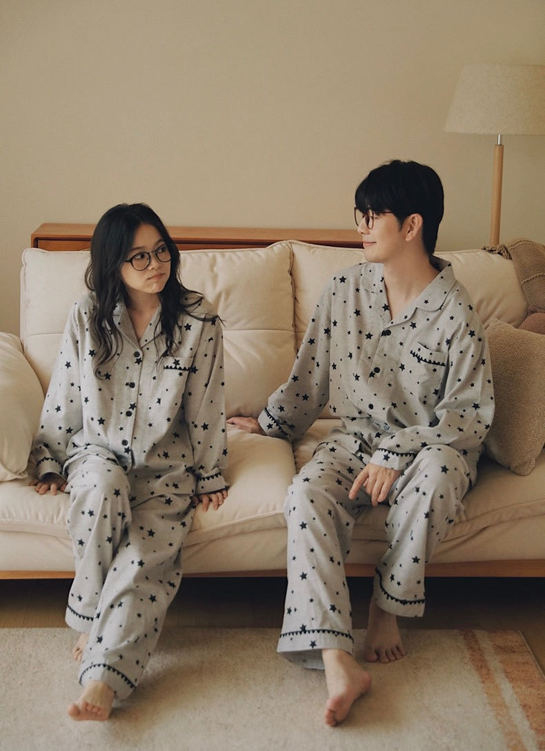 Pink Gray Star Brushed Cotton Pajama Set for Couples - view 2