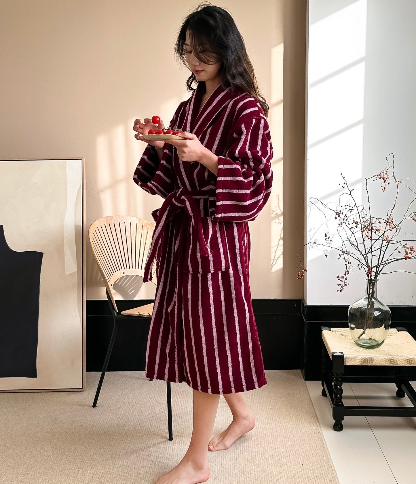 Burgundy Striped Terry Bathrobe – Shawl Collar Robe with Belt & Pockets