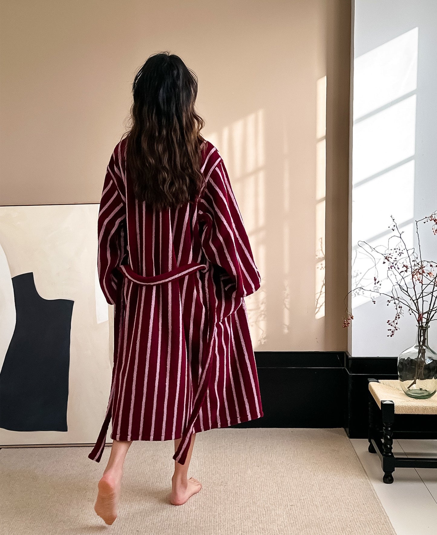 Burgundy Striped Terry Bathrobe – Shawl Collar Robe with Belt & Pockets