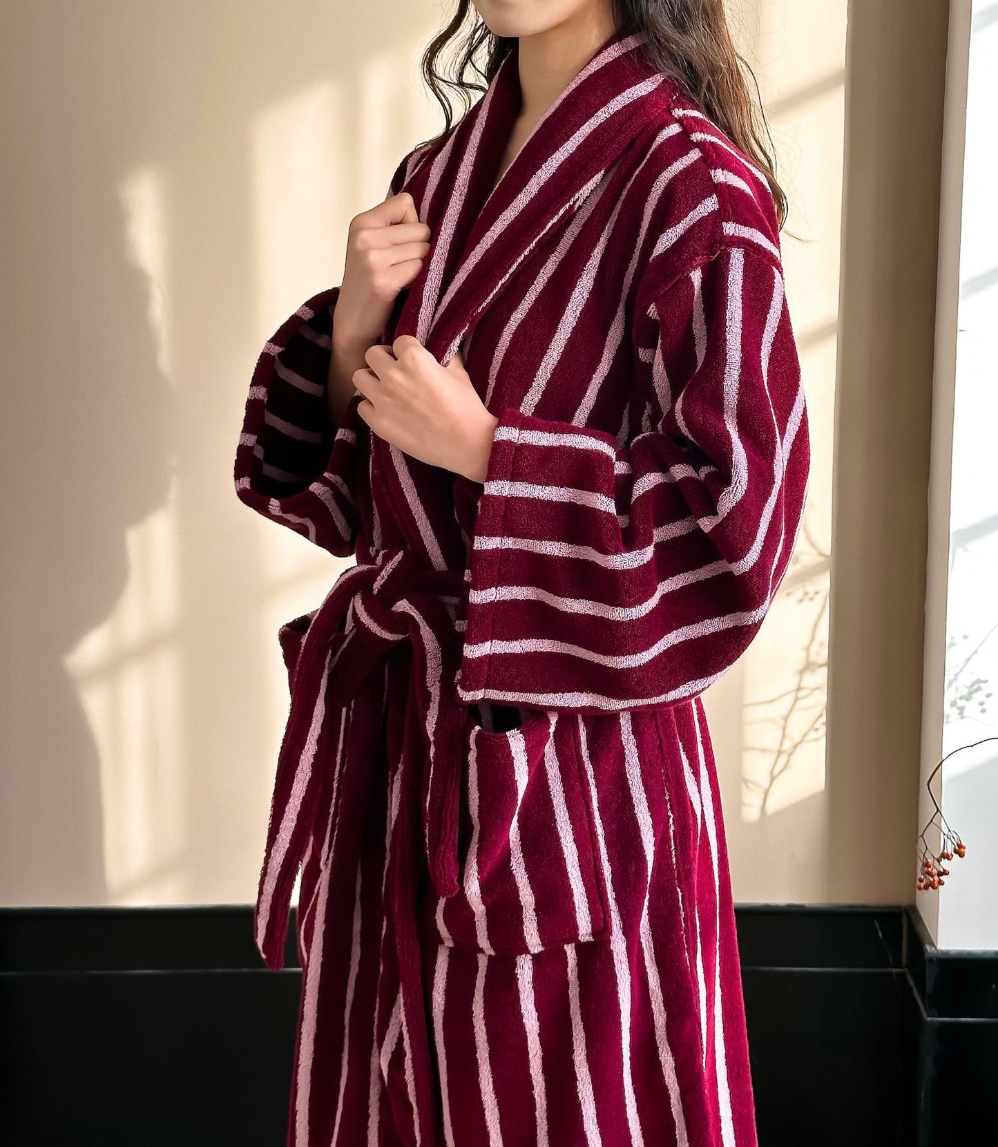 Burgundy Striped Terry Bathrobe – Shawl Collar Robe with Belt & Pockets