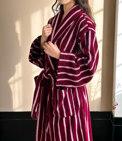 Burgundy Striped Terry Bathrobe – Shawl Collar Robe with Belt & Pockets