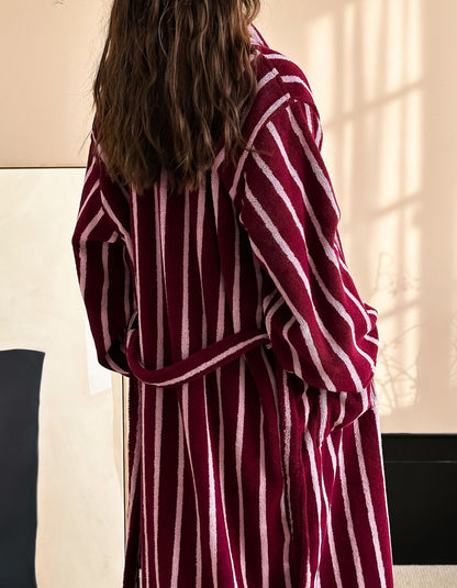 Burgundy Striped Terry Bathrobe – Shawl Collar Robe with Belt & Pockets