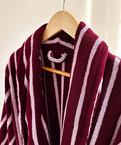 Burgundy Striped Terry Bathrobe – Shawl Collar Robe with Belt & Pockets