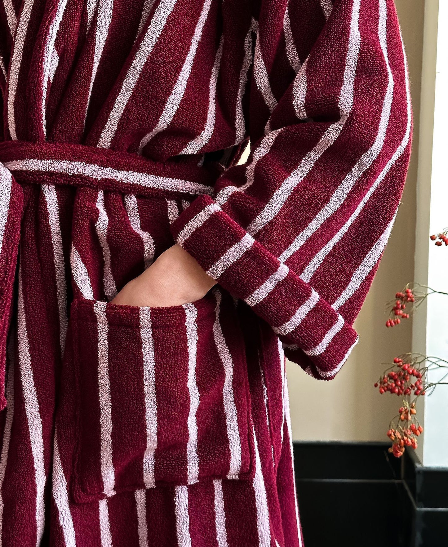 Burgundy Striped Terry Bathrobe – Shawl Collar Robe with Belt & Pockets