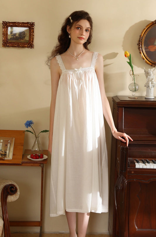 White Cotton Nightgown Long Slip Dress