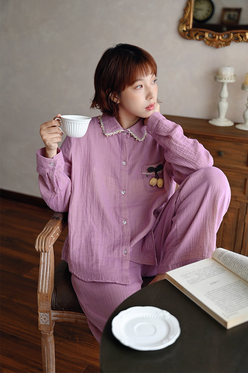 Mauve Pink Cotton Gauze Pajama Set – Handmade Floral Women’s Sleepwear