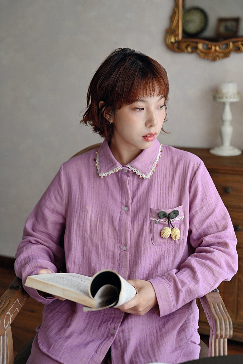 Mauve Pink Cotton Gauze Pajama Set – Handmade Floral Women’s Sleepwear