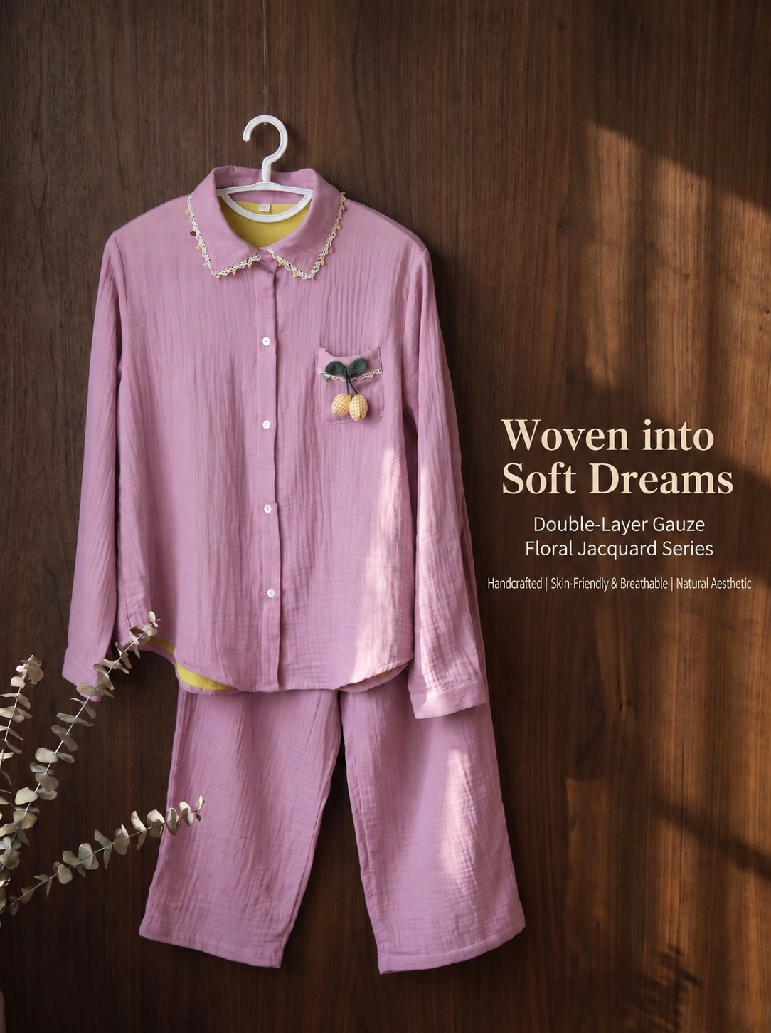 Mauve Pink Cotton Gauze Pajama Set – Handmade Floral Women’s Sleepwear