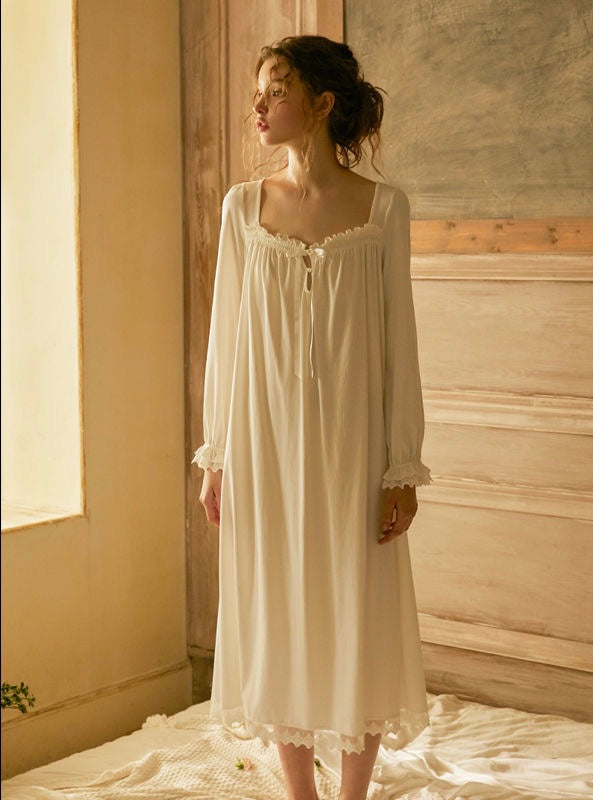Elegant white night gown, Square neck white dress, Cozy cotton Nightie, Vintage Long Nightgown