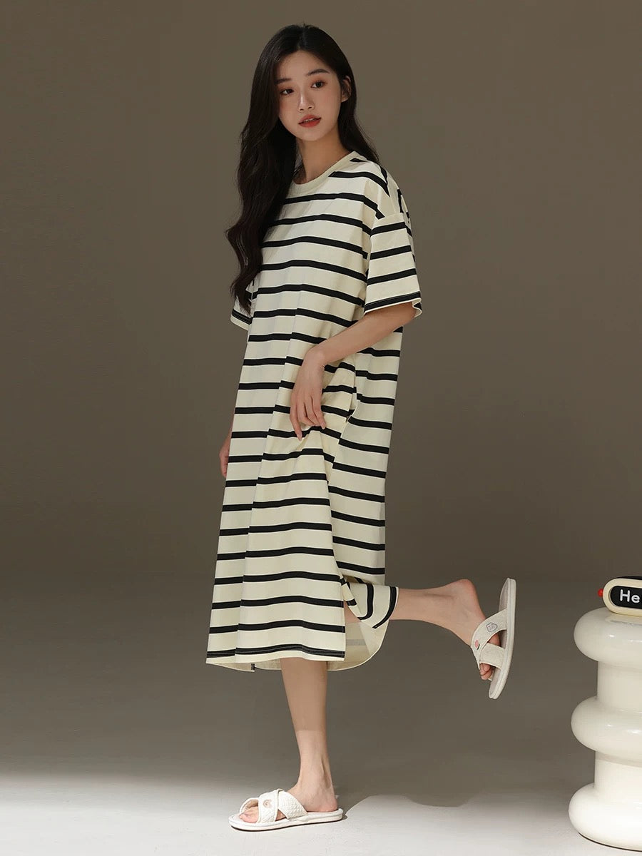 Pure Cotton Striped Nightgown With Pockets, Cozy Sleepwear, Casual Lounge Dress, Soft Homewear For Girl, Gift For Her