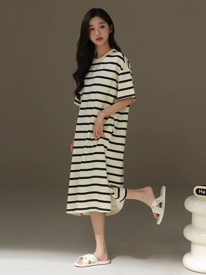 Pure Cotton Striped Nightgown With Pockets, Cozy Sleepwear, Casual Lounge Dress, Soft Homewear For Girl, Gift For Her