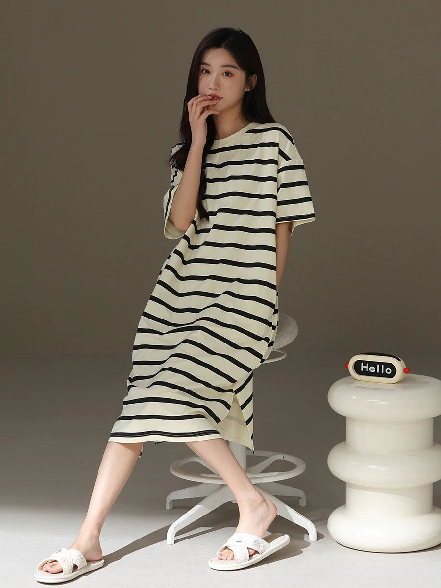 Pure Cotton Striped Nightgown With Pockets, Cozy Sleepwear, Casual Lounge Dress, Soft Homewear For Girl, Gift For Her