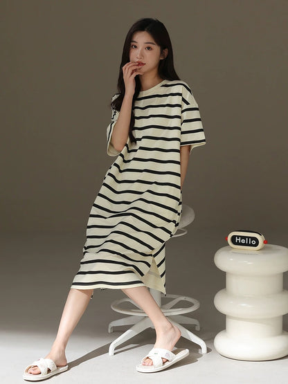 Pure Cotton Striped Nightgown With Pockets, Cozy Sleepwear, Casual Lounge Dress, Soft Homewear For Girl, Gift For Her