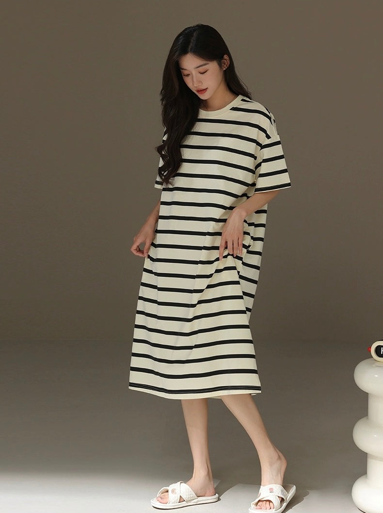 Pure Cotton Striped Nightgown With Pockets, Cozy Sleepwear, Casual Lounge Dress, Soft Homewear For Girl, Gift For Her