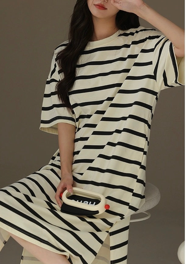 Pure Cotton Striped Nightgown With Pockets, Cozy Sleepwear, Casual Lounge Dress, Soft Homewear For Girl, Gift For Her