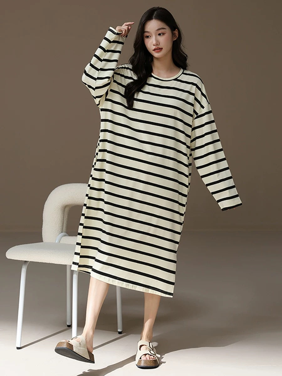 Pure Cotton Striped Nightgown With Pockets, Cozy Sleepwear, Casual Lounge Dress, Soft Homewear For Girl, Gift For Her