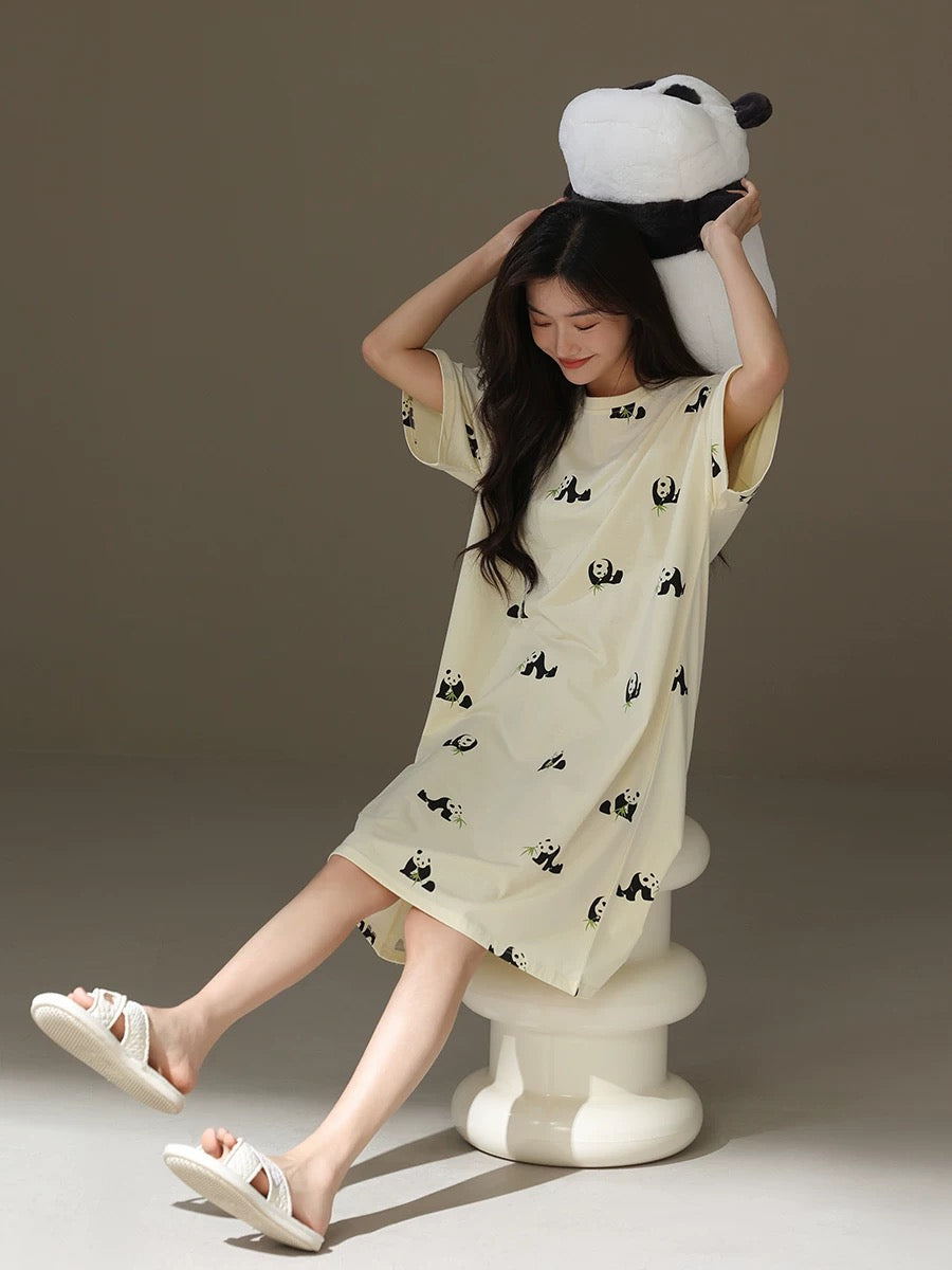 Cute Panda Print Nightgown, Pure Cotton Dress, Beige Cozy Sleepwear, Casual Lounge Dress, Gift For Her