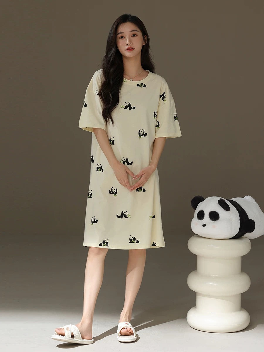 Cute Panda Print Nightgown, Pure Cotton Dress, Beige Cozy Sleepwear, Casual Lounge Dress, Gift For Her