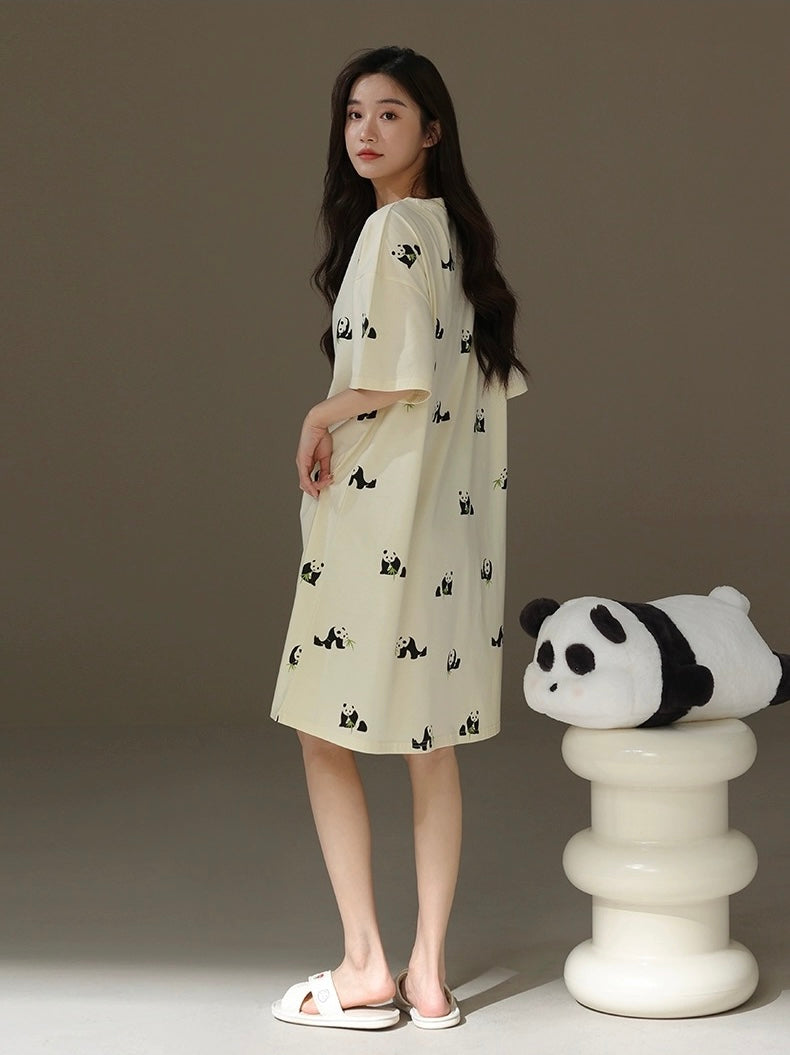 Cute Panda Print Nightgown, Pure Cotton Dress, Beige Cozy Sleepwear, Casual Lounge Dress, Gift For Her