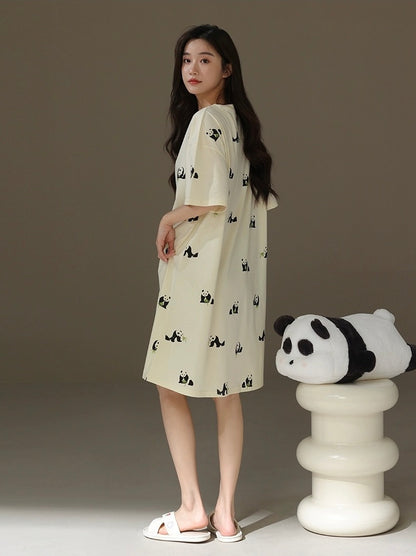 Cute Panda Print Nightgown, Pure Cotton Dress, Beige Cozy Sleepwear, Casual Lounge Dress, Gift For Her