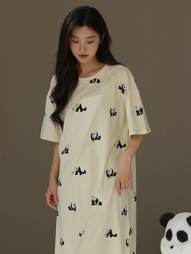 Cute Panda Print Nightgown, Pure Cotton Dress, Beige Cozy Sleepwear, Casual Lounge Dress, Gift For Her