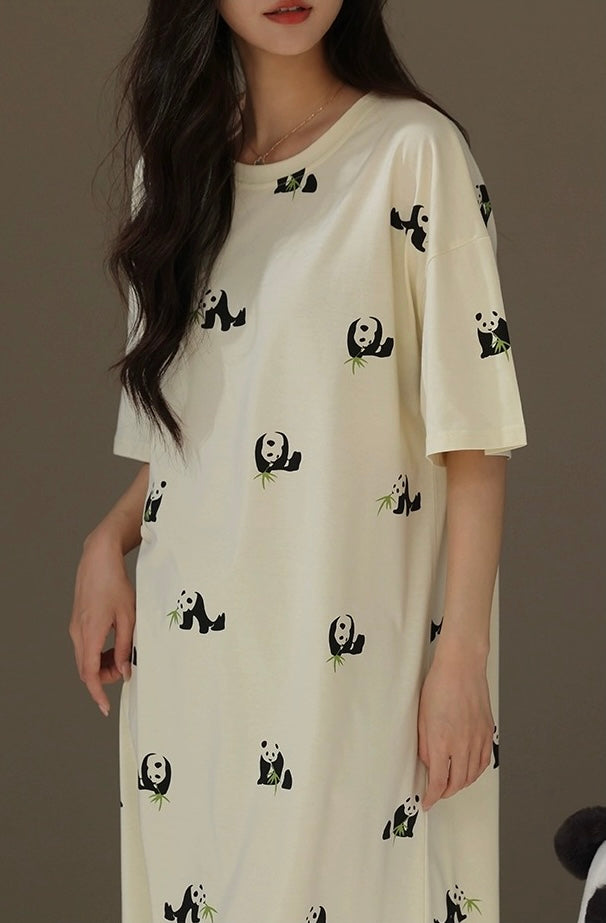 Cute Panda Print Nightgown, Pure Cotton Dress, Beige Cozy Sleepwear, Casual Lounge Dress, Gift For Her