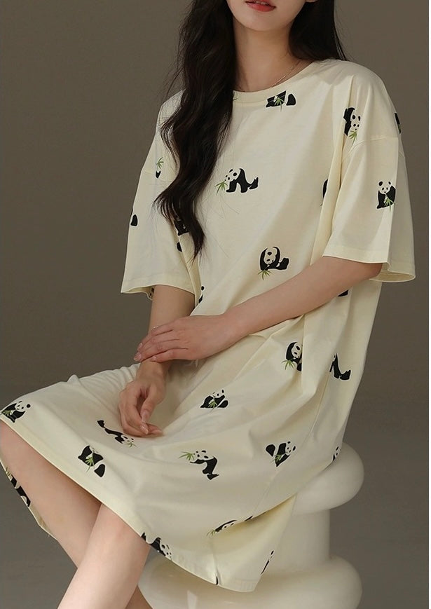 Cute Panda Print Nightgown, Pure Cotton Dress, Beige Cozy Sleepwear, Casual Lounge Dress, Gift For Her