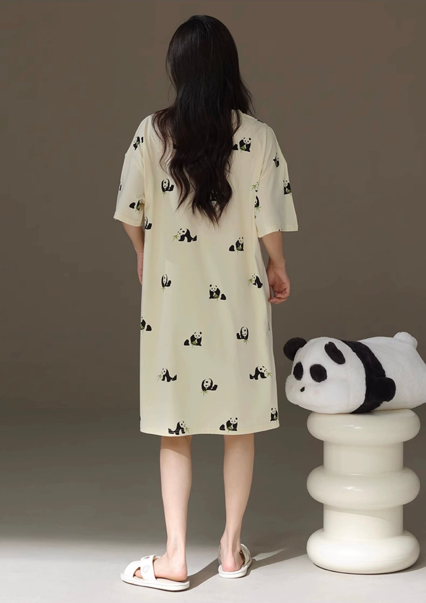 Cute Panda Print Nightgown, Pure Cotton Dress, Beige Cozy Sleepwear, Casual Lounge Dress, Gift For Her