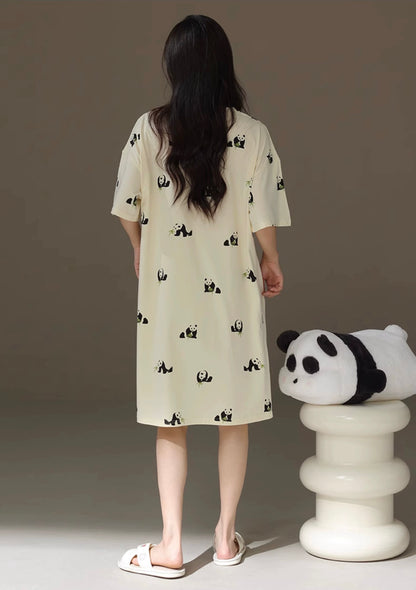 Cute Panda Print Nightgown, Pure Cotton Dress, Beige Cozy Sleepwear, Casual Lounge Dress, Gift For Her