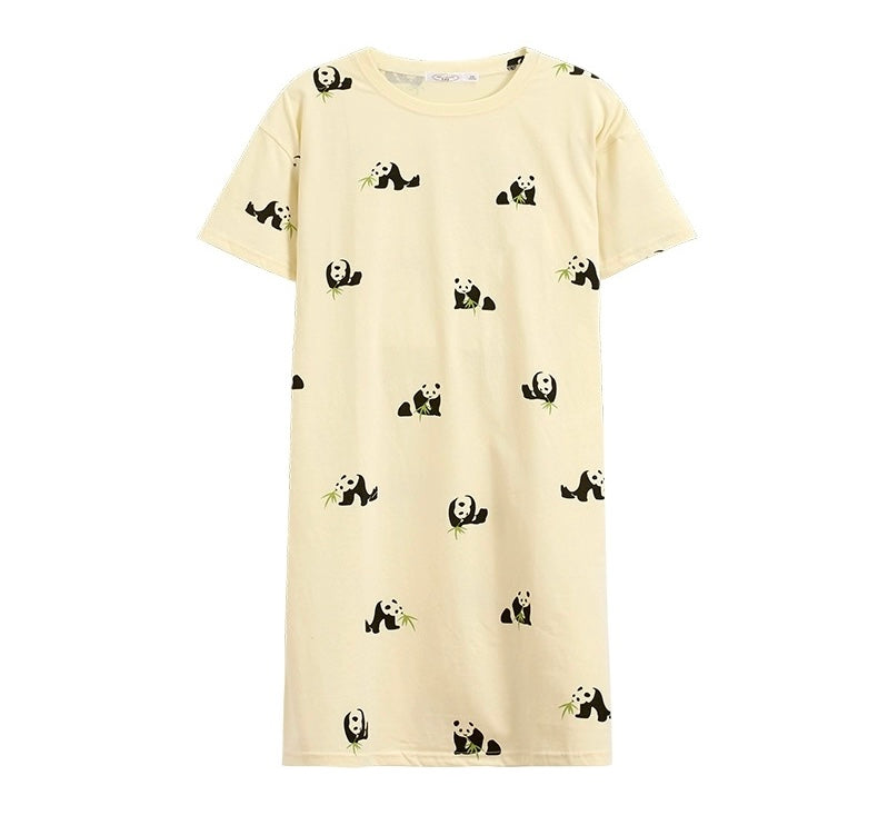 Cute Panda Print Nightgown, Pure Cotton Dress, Beige Cozy Sleepwear, Casual Lounge Dress, Gift For Her