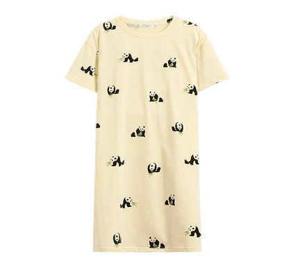 Cute Panda Print Nightgown, Pure Cotton Dress, Beige Cozy Sleepwear, Casual Lounge Dress, Gift For Her