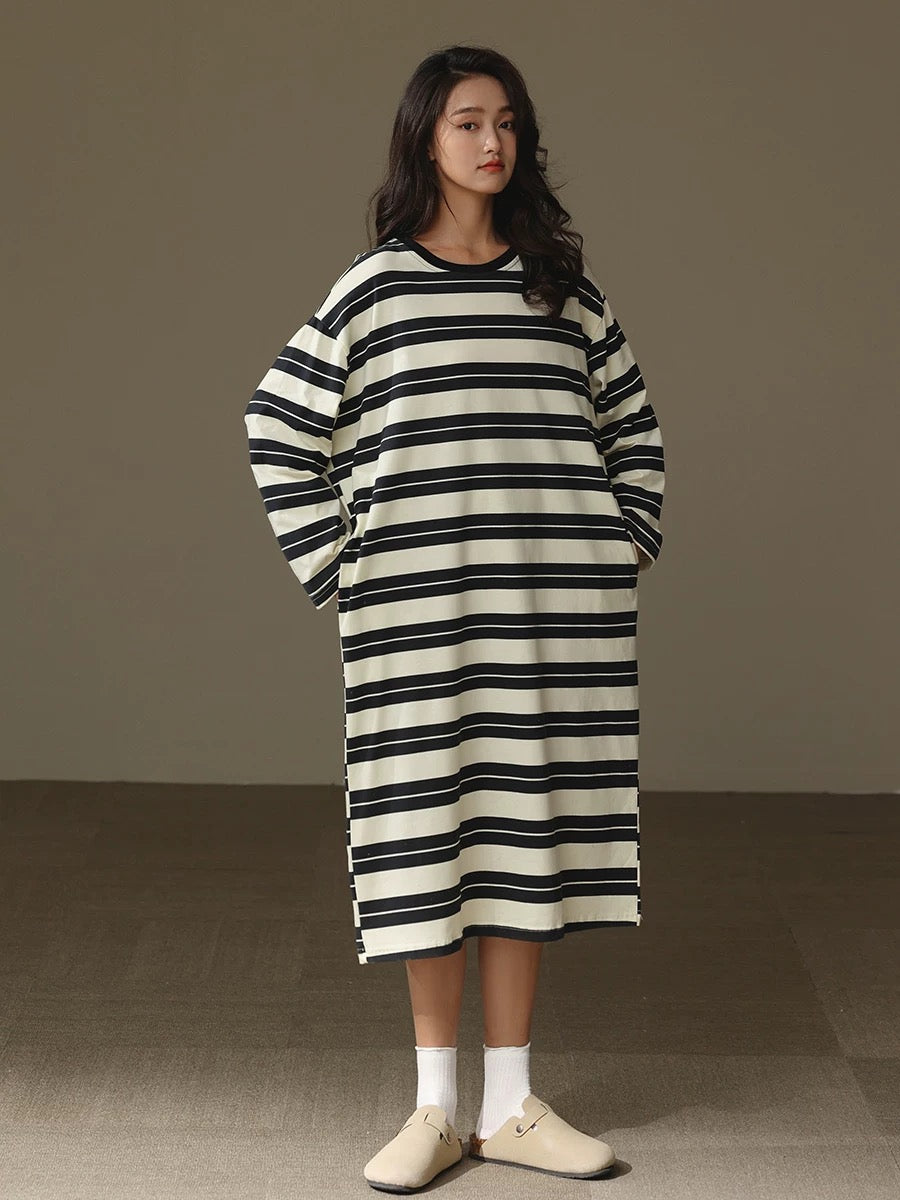 Classic striped dress, Minimalist loungewear, Comfortable Cotton Nightie, Pure Cotton Nightgown, Casual Outfit