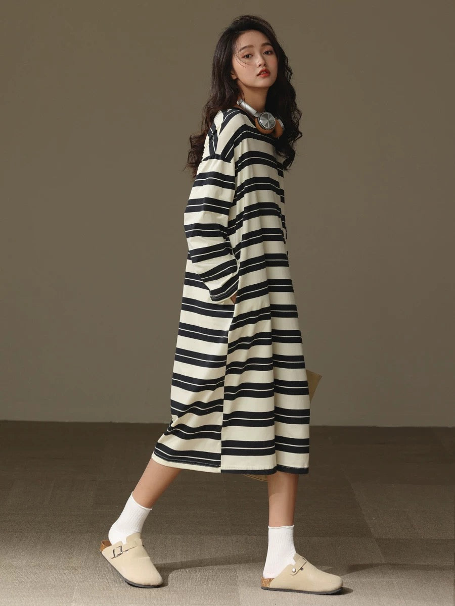 Classic striped dress, Minimalist loungewear, Comfortable Cotton Nightie, Pure Cotton Nightgown, Casual Outfit