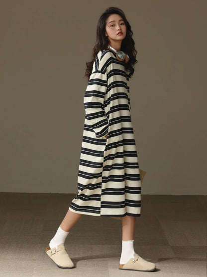 Classic striped dress, Minimalist loungewear, Comfortable Cotton Nightie, Pure Cotton Nightgown, Casual Outfit
