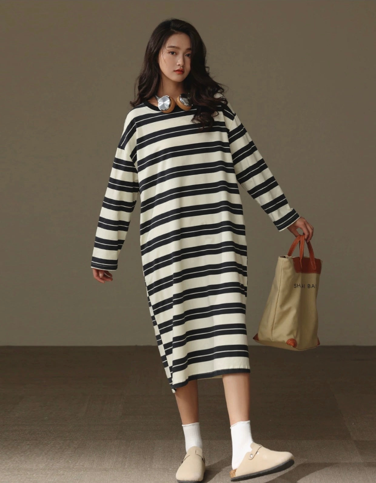 Classic striped dress, Minimalist loungewear, Comfortable Cotton Nightie, Pure Cotton Nightgown, Casual Outfit