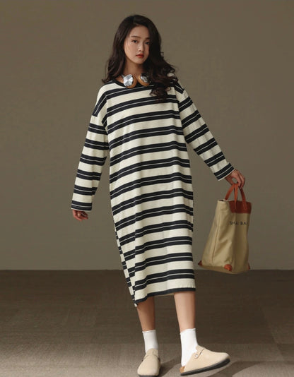 Classic striped dress, Minimalist loungewear, Comfortable Cotton Nightie, Pure Cotton Nightgown, Casual Outfit
