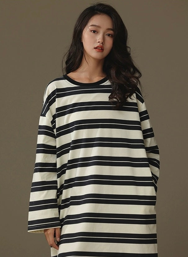 Classic striped dress, Minimalist loungewear, Comfortable Cotton Nightie, Pure Cotton Nightgown, Casual Outfit
