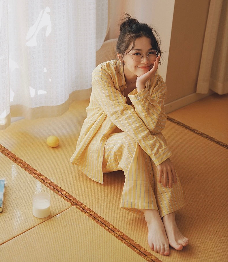 Yellow Striped loungewear, Cotton pyjama set, Cozy sleepwear, Loungewear for trip and staycation