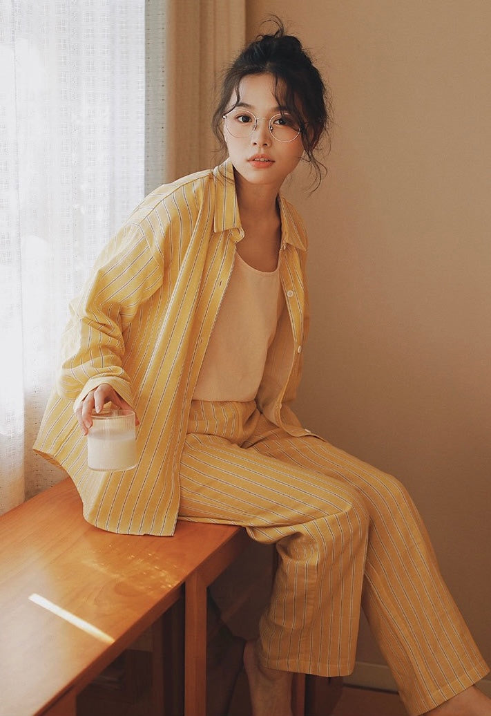 Yellow Striped loungewear, Cotton pyjama set, Cozy sleepwear, Loungewear for trip and staycation