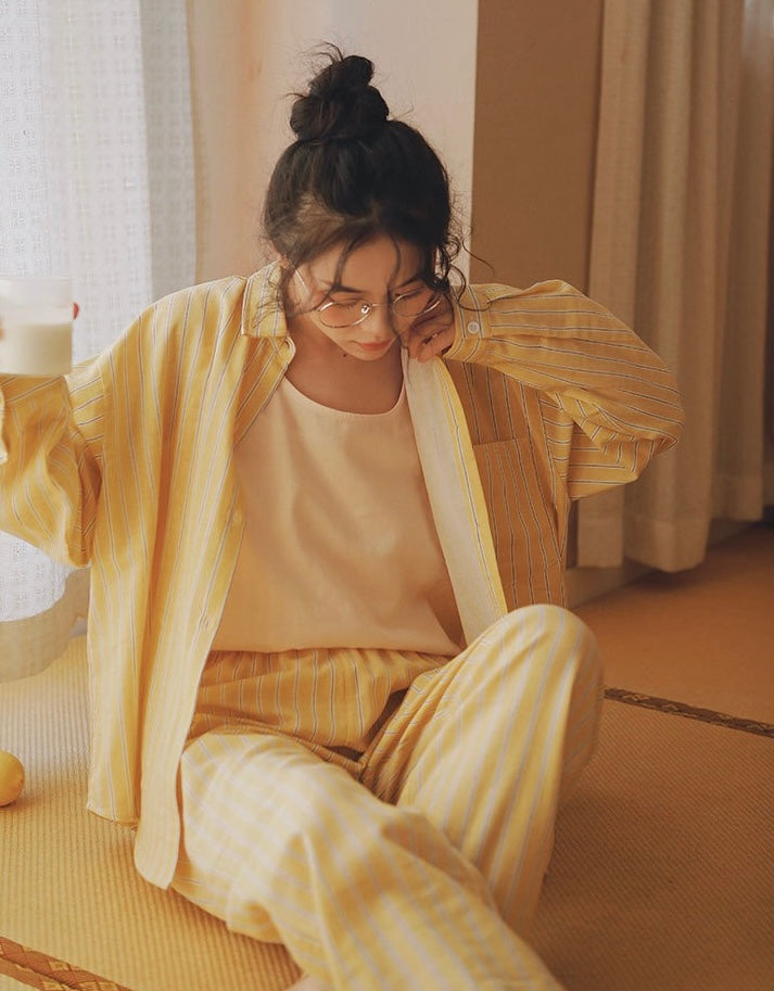 Yellow Striped loungewear, Cotton pyjama set, Cozy sleepwear, Loungewear for trip and staycation