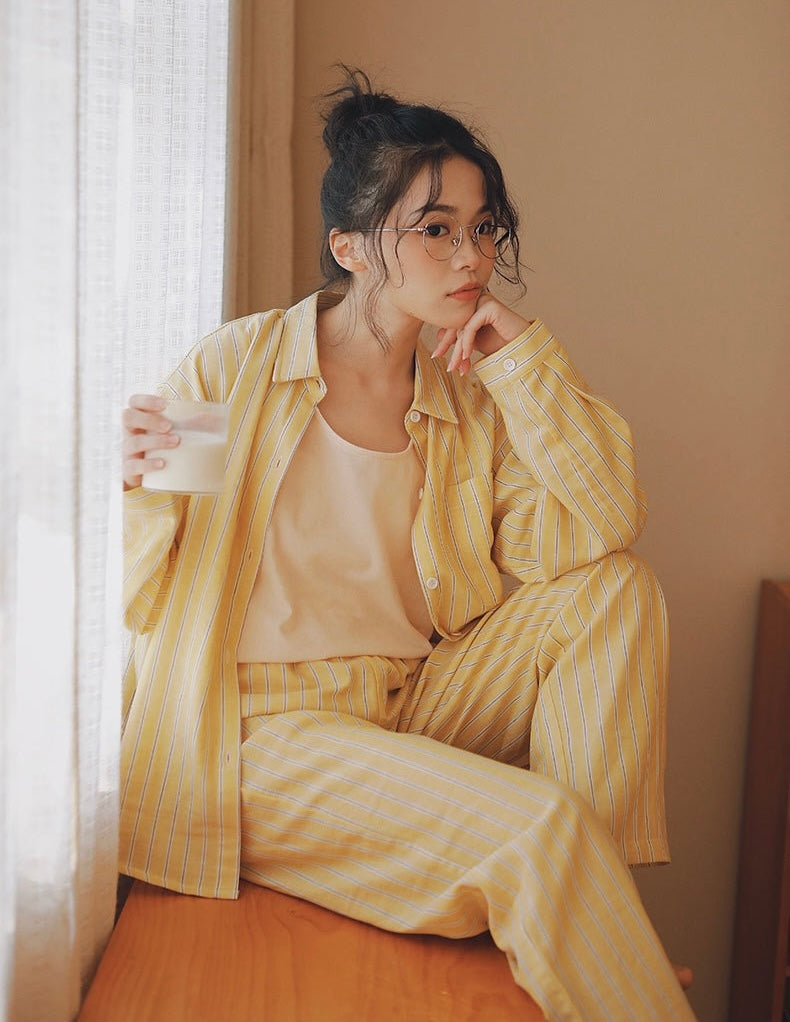 Yellow Striped loungewear, Cotton pyjama set, Cozy sleepwear, Loungewear for trip and staycation