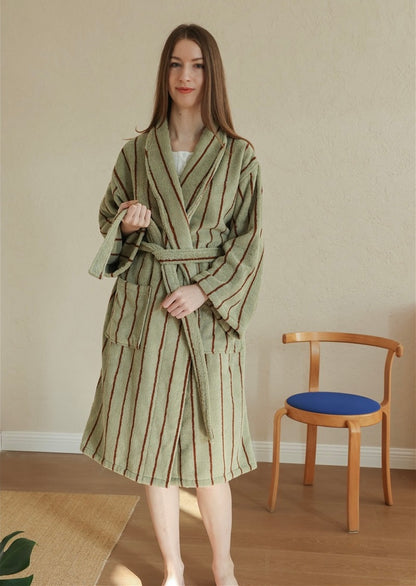 100% Cotton Terry Bathrobe – Unisex Striped Robe with Pockets, Soft Absorbent Home & Spa Rob