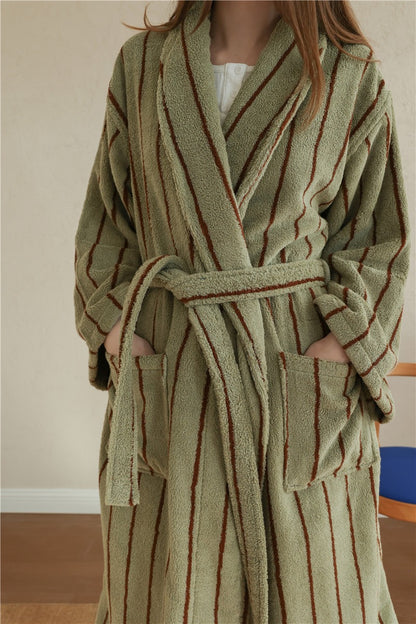 Cotton Terry Bathrobe – Unisex Striped Robe with Pockets, Soft Absorbent Home & Spa Robe
