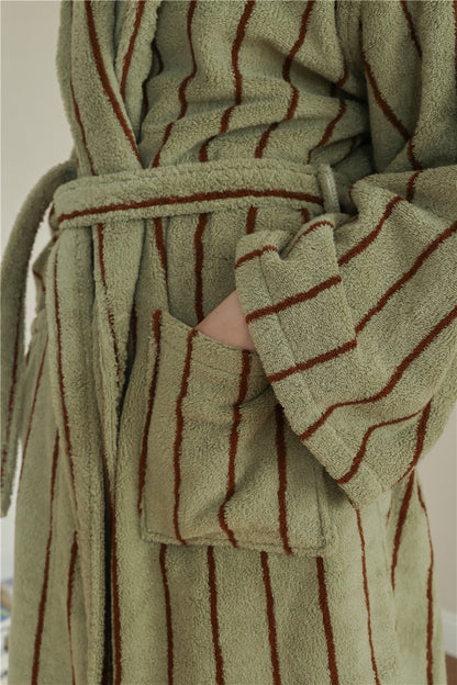Cotton Terry Bathrobe – Unisex Striped Robe with Pockets, Soft Absorbent Home & Spa Robe