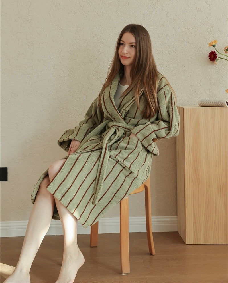 Cotton Terry Bathrobe – Unisex Striped Robe with Pockets, Soft Absorbent Home & Spa Robe