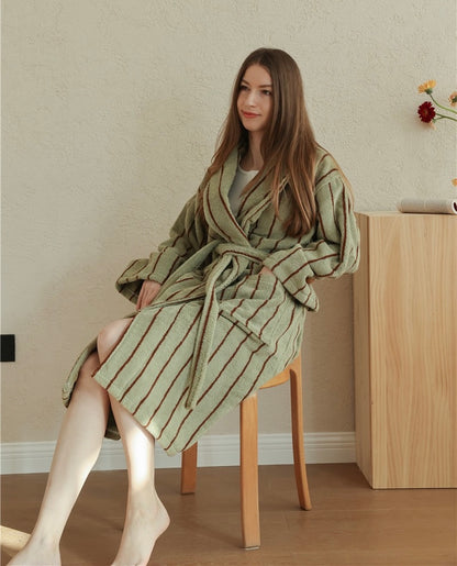 Cotton Terry Bathrobe – Unisex Striped Robe with Pockets, Soft Absorbent Home & Spa Robe