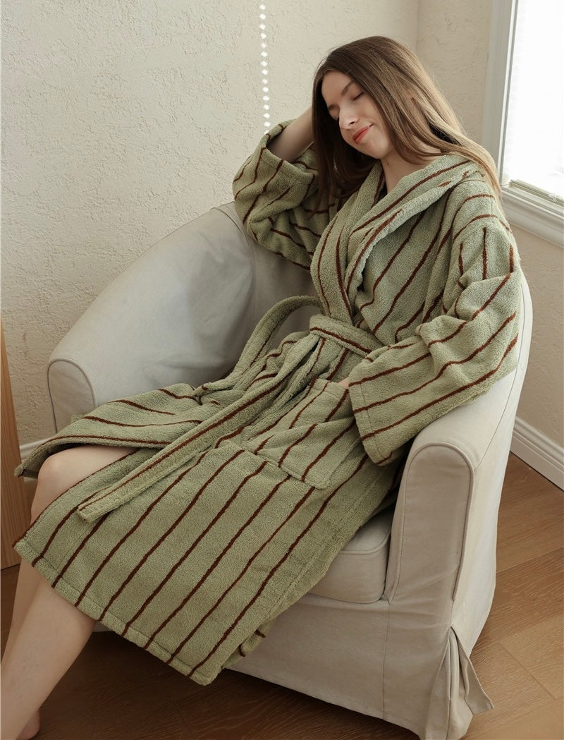 Cotton Terry Bathrobe – Unisex Striped Robe with Pockets, Soft Absorbent Home & Spa Robe